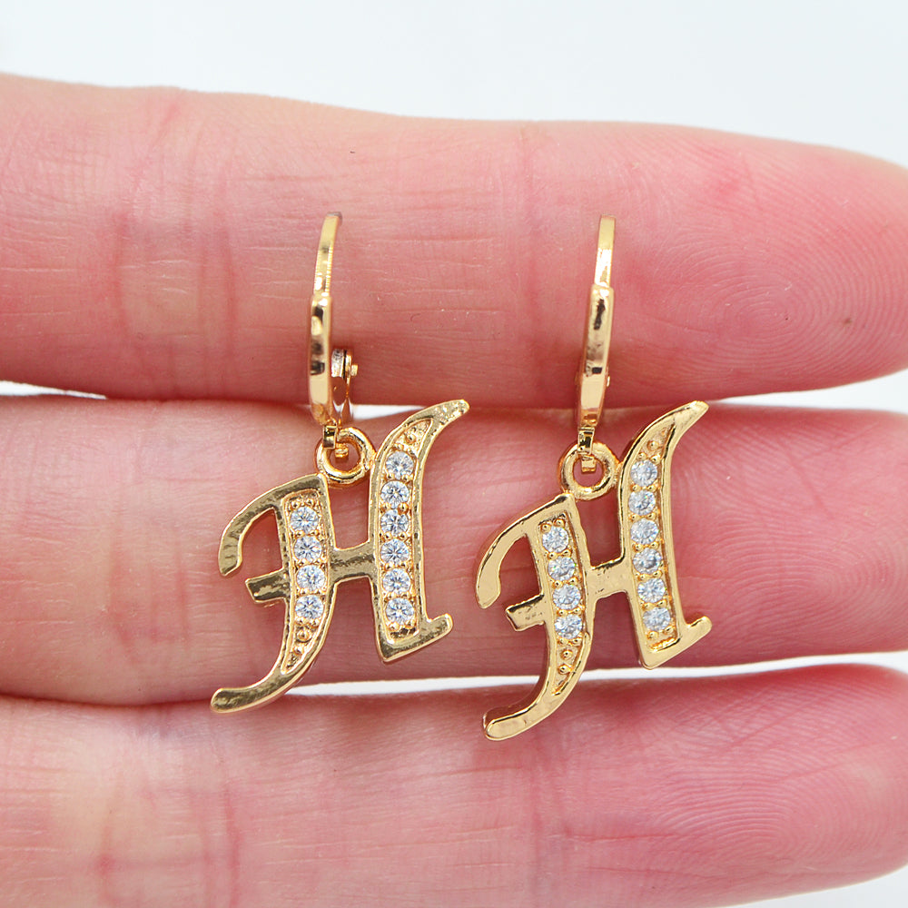 Wholesale Gold Plated Women Clear Zircon CZ Alphbet Letter A to Z Dangle Earrings Jewelry