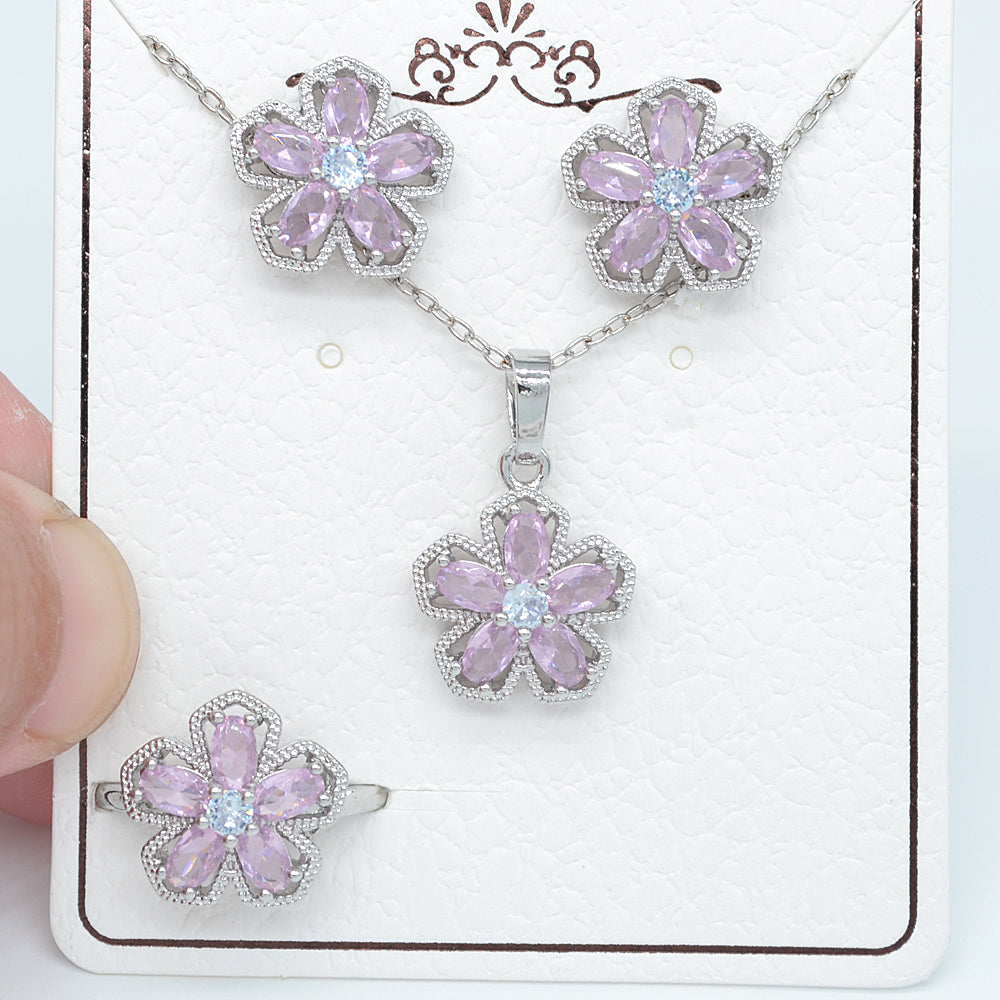 Wholesale Gold Plated Women Green Zircon CZ Flower Jewelry Set Free Ring Size