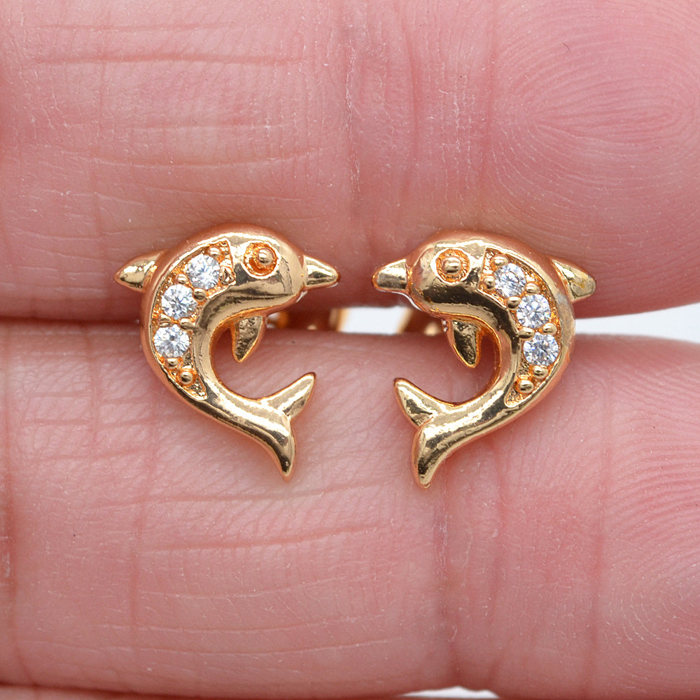 Wholesale Gold Plated Women Clear Zircon CZ Dolphin Stud Earrings Jewelry