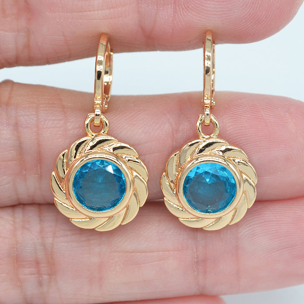 Wholesale Gold Plated Women Lake Blue Zircon CZ Round Dangle Earrings Jewelry