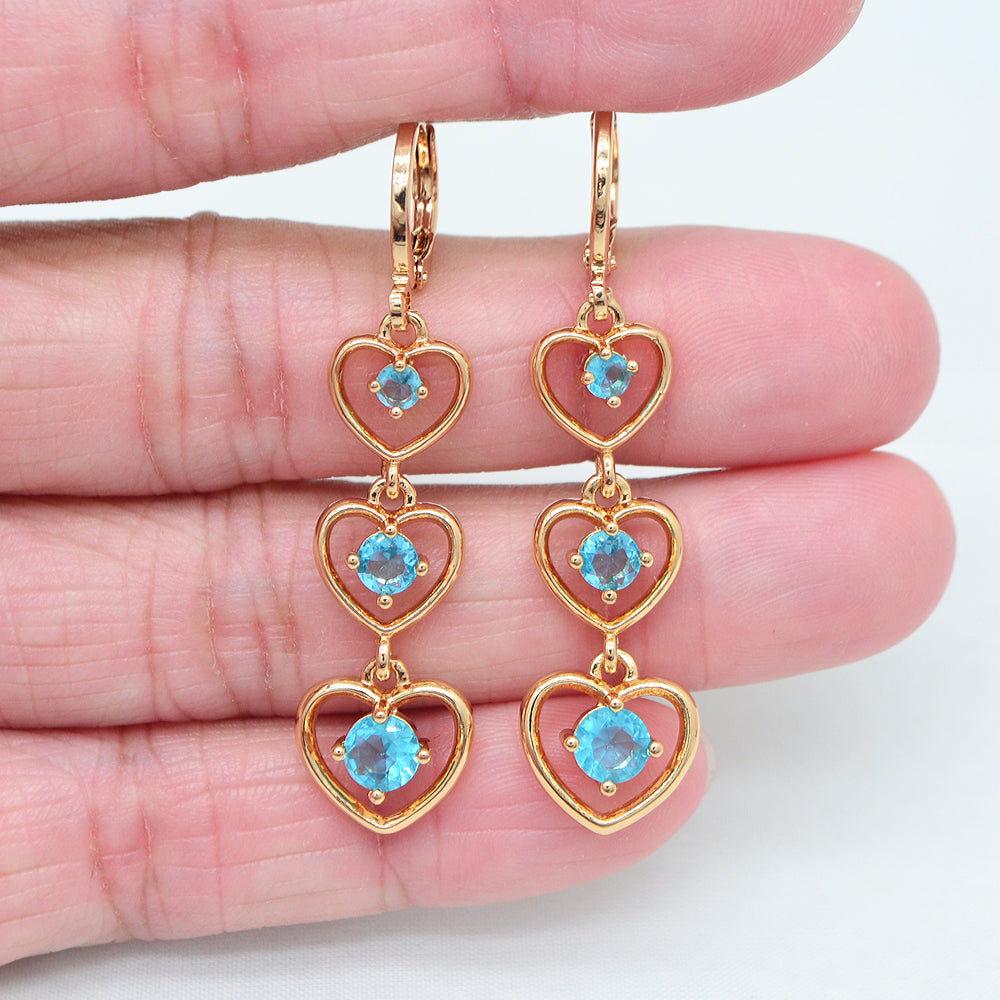 Wholesale Gold Plated Women Green Zircon CZ Love Hearts Dangle Earrings Jewelry