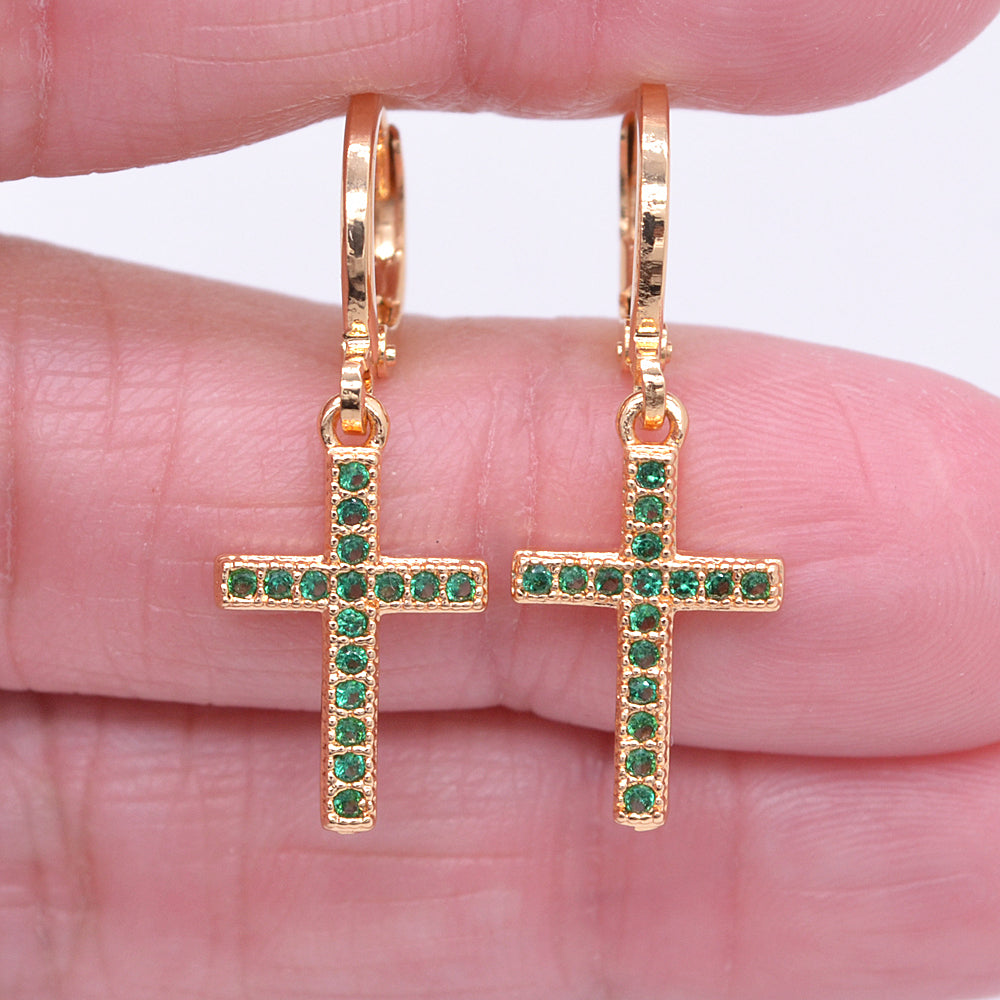 Wholesale Gold Plated Women Green Zircon CZ Cross Dangle Earrings Jewelry