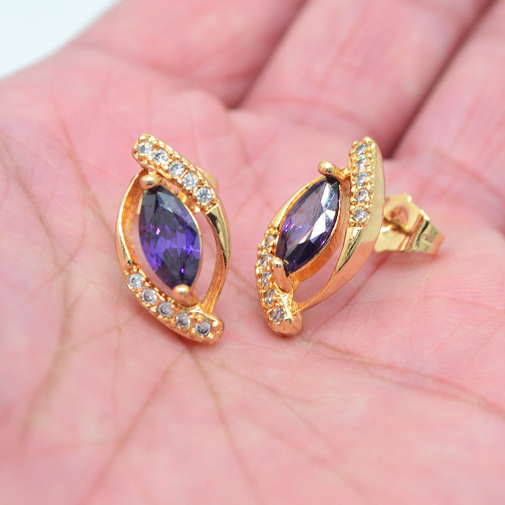 Wholesale Gold Plated Women Purple Zircon CZ Marquise Stud Earrings Jewelry