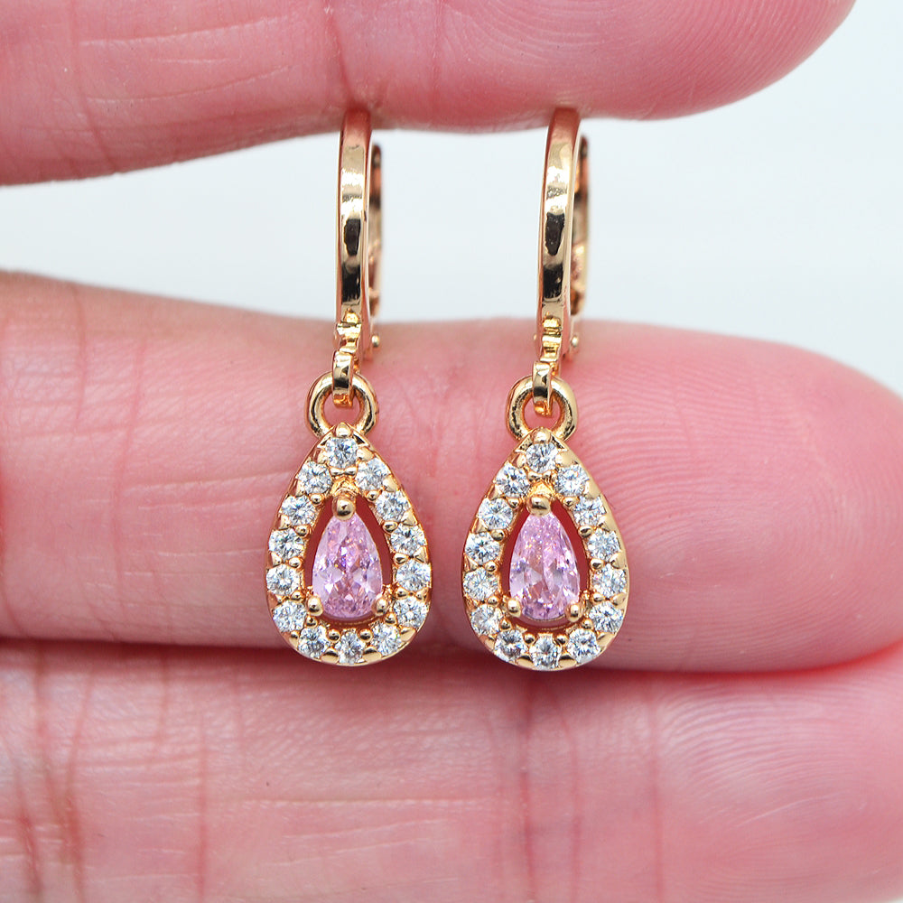 Wholesale Gold Plated Women Pink Zircon CZ Small Cute Teardrop Dangle Earrings Jewelry