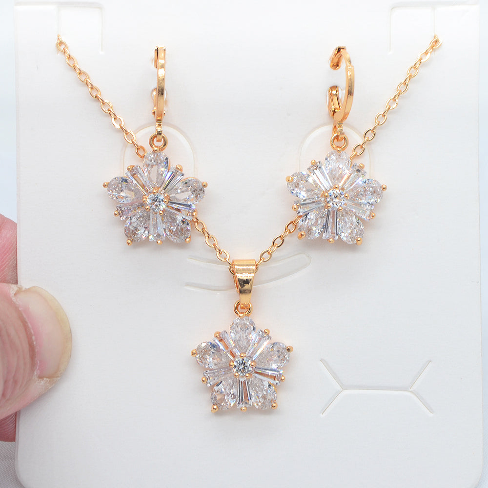 Wholesale Gold Plated Women Multicolor Zircon CZ Anniversary Flower Jewelry Set