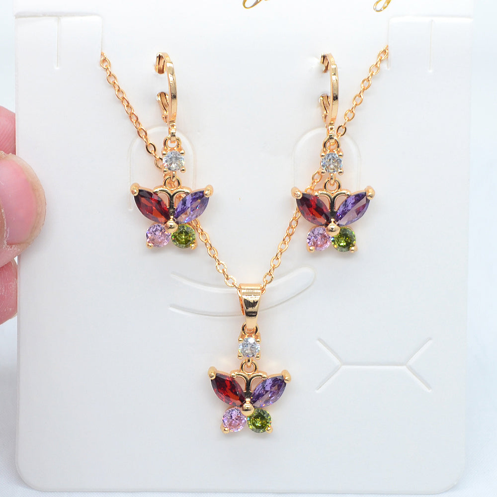 Wholesale Gold Plated Women Multicolor Zircon CZ Cute Butterfly Jewelry Set