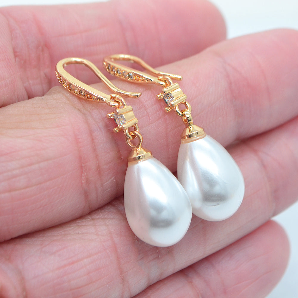 Wholesale Gold Plated Women Clear Zircon White Teardrop Pearl Dangle Earrings Jewelry