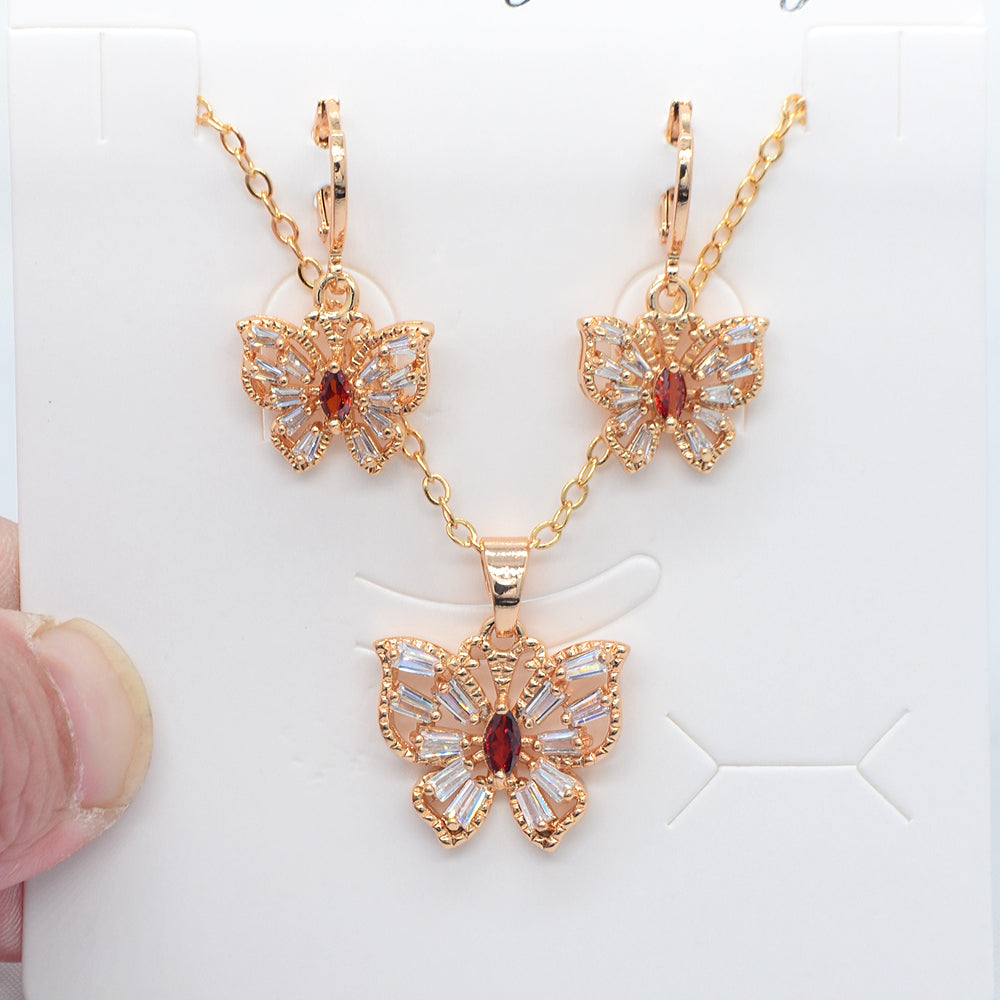 Wholesale Gold Plated Women Trendy Multicolor Zircon CZ Butterfly Jewelry Set