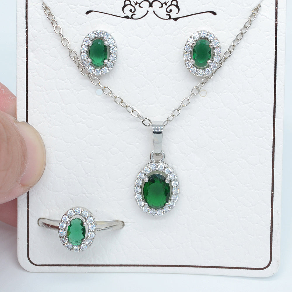 Wholesale Gold Plated Women Red Zircon CZ Halo Oval Wedding Jewelry Set Free Ring Size