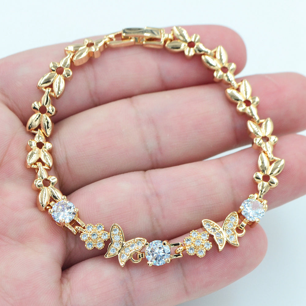 Wholesale Gold Plated Women Clear Zircon CZ Cute Butterfly Charm Bracelet Jewelry