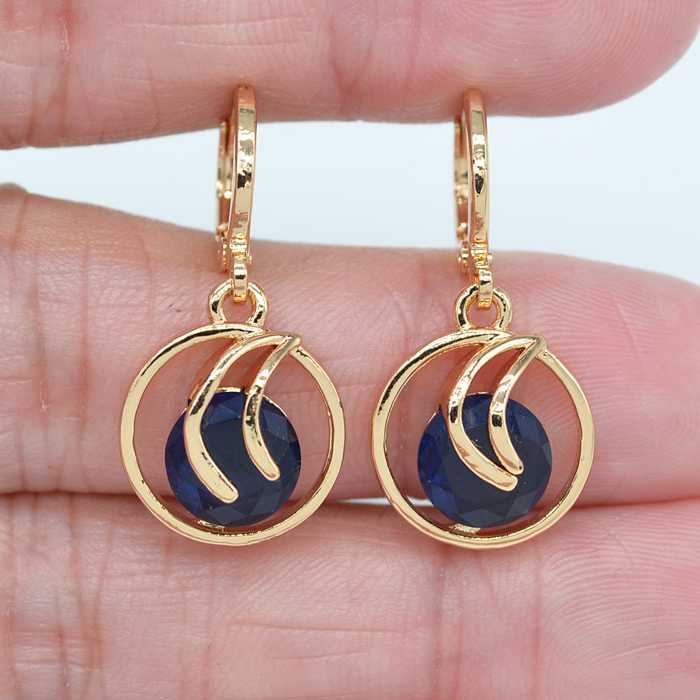 Wholesale Gold Plated Women Jade Pink Zircon CZ Round Dangle Earrings Jewelry