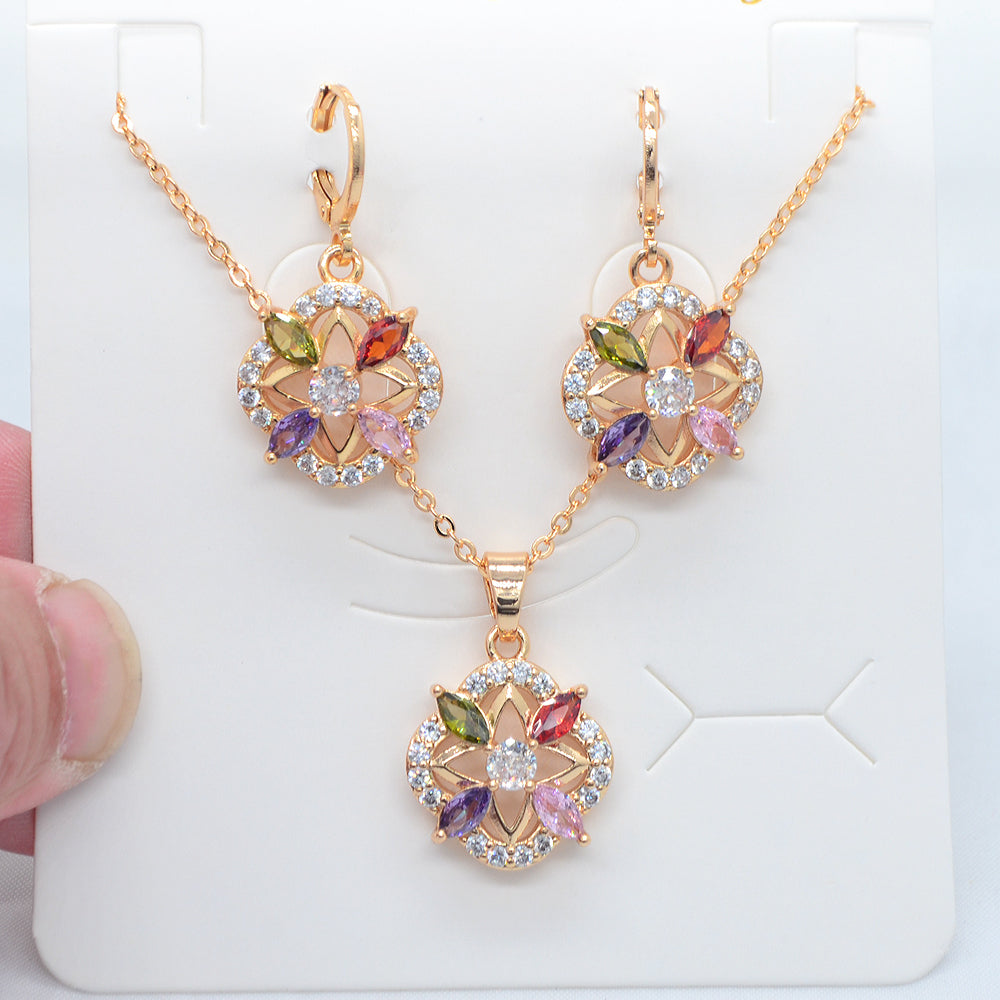 Wholesale Gold Plated Women Multicolor Zircon CZ Flower Rhombus Jewelry Set