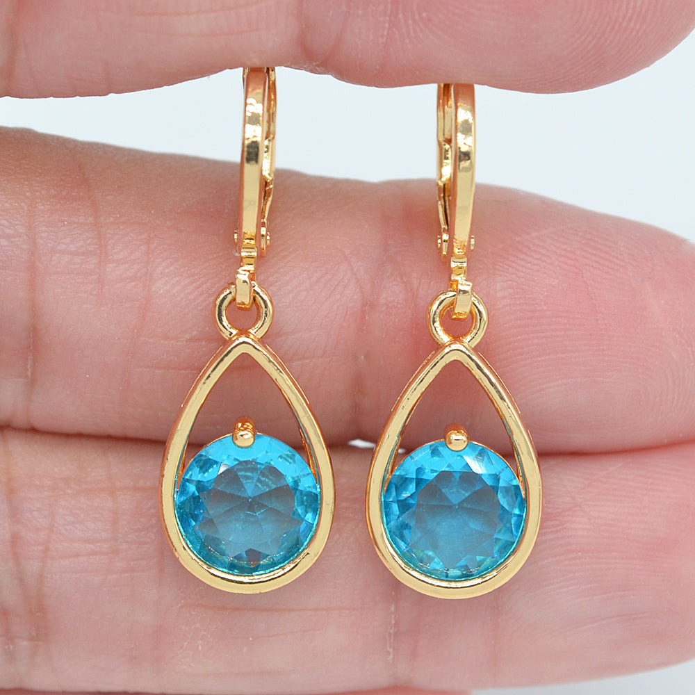 Wholesale Gold Plated Women Jade Green Zircon CZ Teardrop Dangle Earrings Jewelry