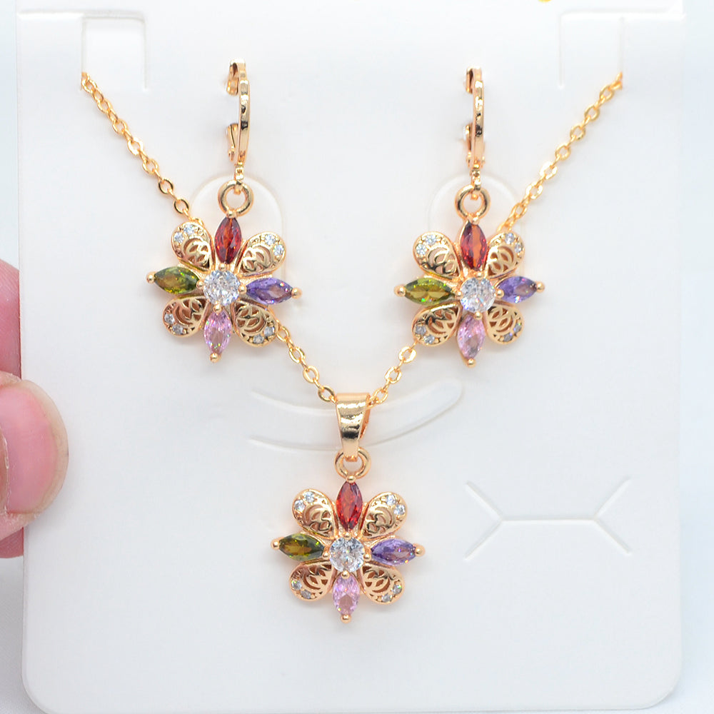 Wholesale Gold Plated Women Fashion Multicolor Zircon CZ Sunflower Jewelry Set