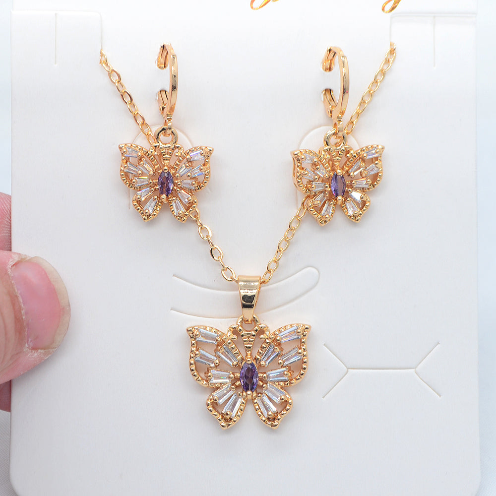Wholesale Gold Plated Women Trendy Multicolor Zircon CZ Butterfly Jewelry Set