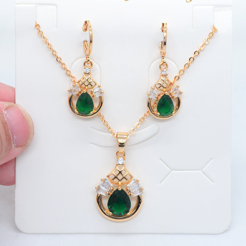 Wholesale Gold Plated Women Green Zircon CZ Water Drop Jewelry Set