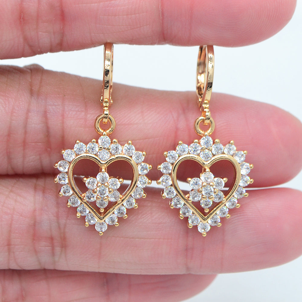 Wholesale Gold Plated Women Rose Red Zircon CZ Heart Dangle Earring Jewelry