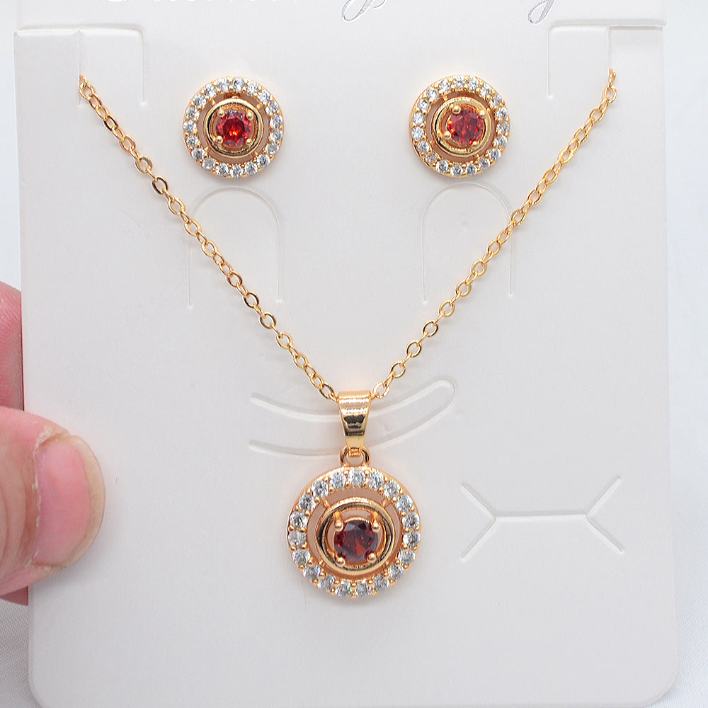 Wholesale Gold Plated Women Red Zircon CZ Round Circle Jewelry Set