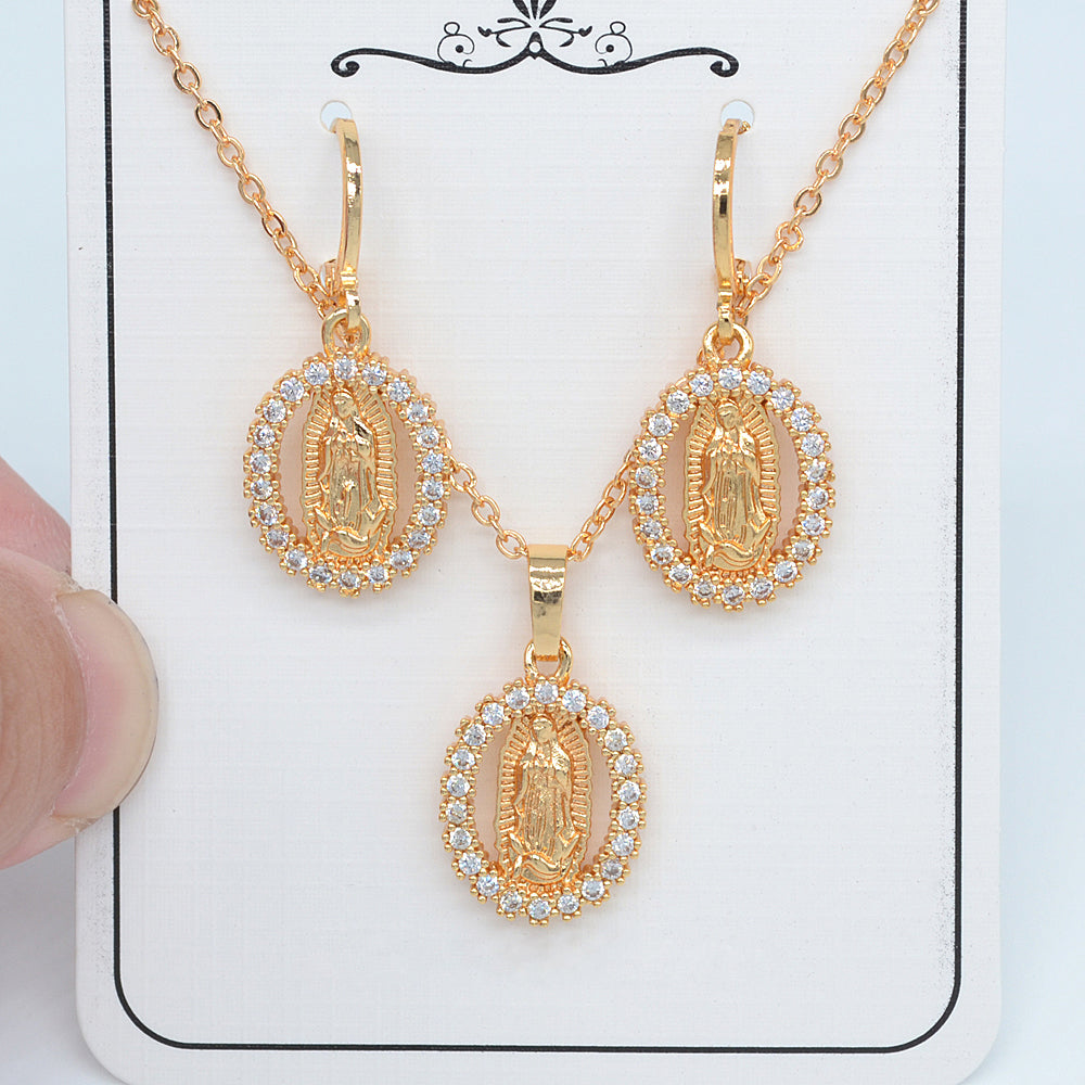 Wholesale Gold Plated Women Clear Zircon CZ Oval Design Catholic Religious Virgin Mary Jewelry Set