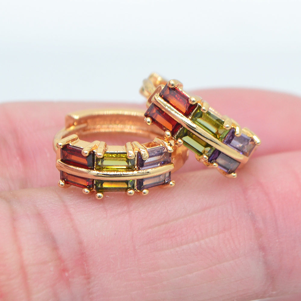 Wholesale Gold Plated Women Multicolor Zircon CZ Baguette Design Hoop Huggie Earrings Jewelry