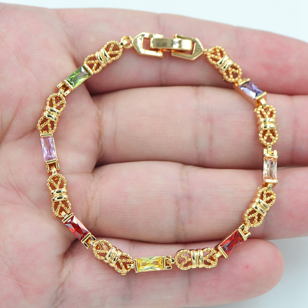 Wholesale Gold Plated Women Multicolor Zircon CZ Geometric Rectangle Bracelet Jewelry