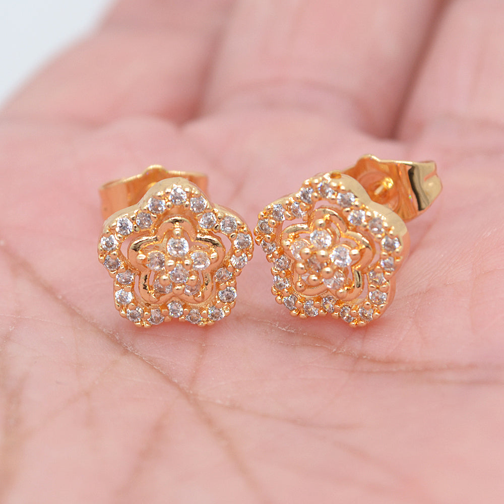 Wholesale Gold Plated Women Clear Zircon CZ Graceful Flower Stud Earrings Jewelry