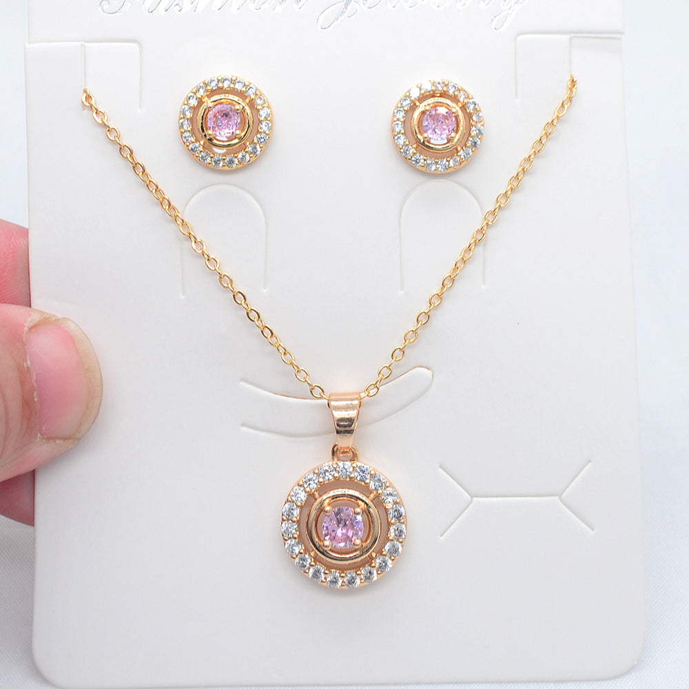Wholesale Gold Plated Women Red Zircon CZ Round Circle Jewelry Set