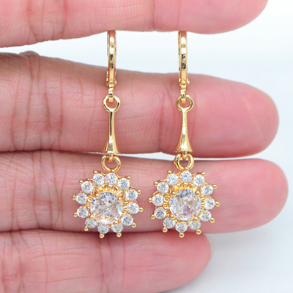 Wholesale Gold Plated Women Green Zircon CZ Halo Round Dangle Earring Jewelry