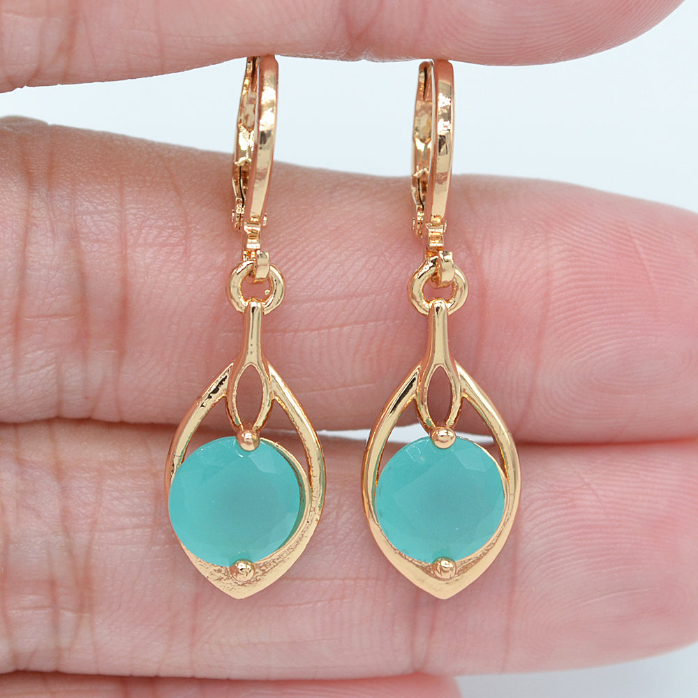 Wholesale Gold Plated Women Jade Green Zircon CZ Teardrop Dangle Earrings Jewelry
