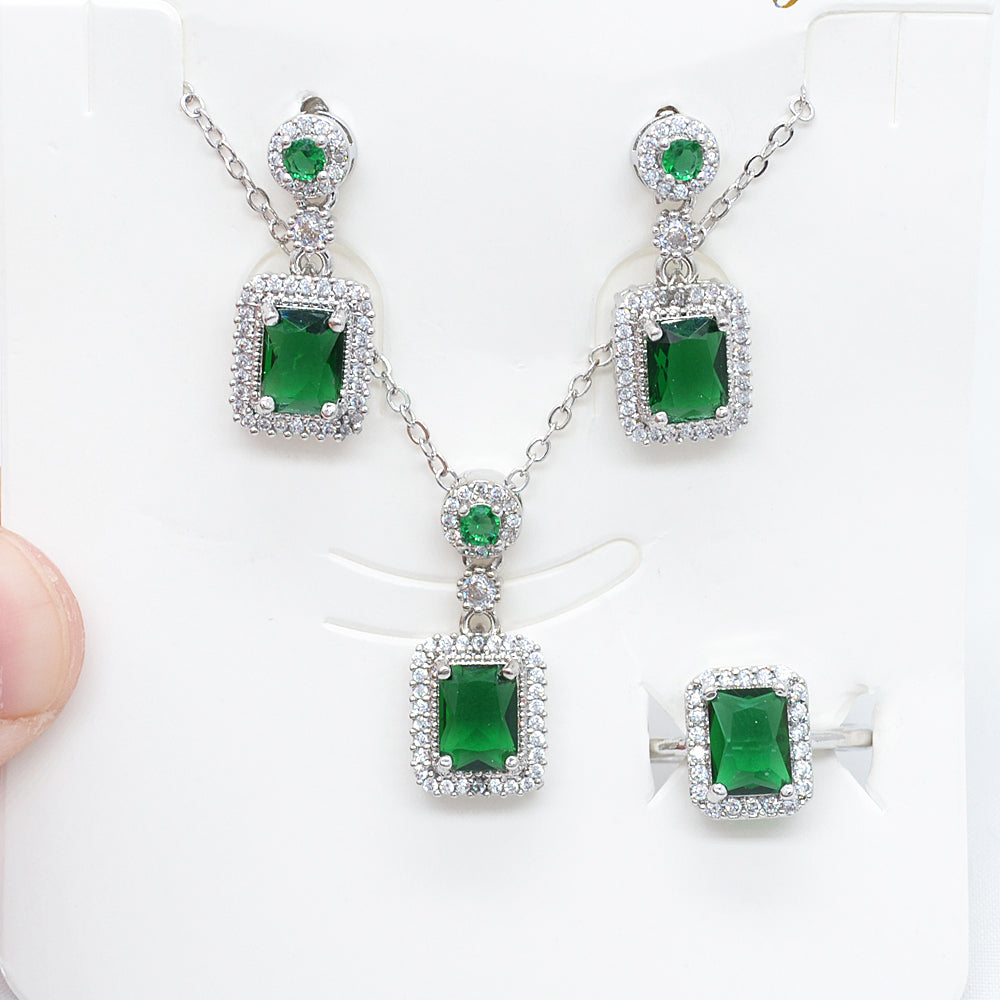 Wholesale Gold Plated Women Luxury Green Zircon CZ Wedding Jewelry Set Free Ring Size