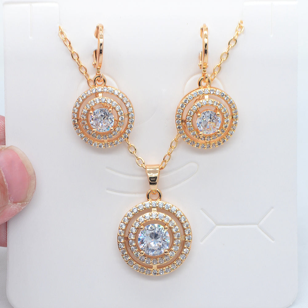 Wholesale Gold Plated Women Fashion Green Zircon CZ Round Circles Jewelry Set