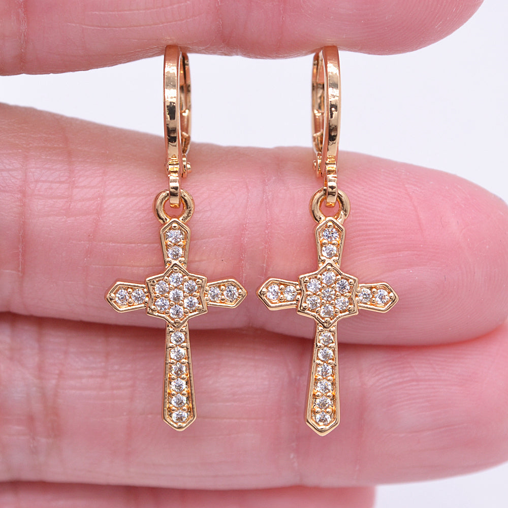 Wholesale Gold Plated Women Black Zircon CZ Cross Dangle Earrings Jewelry