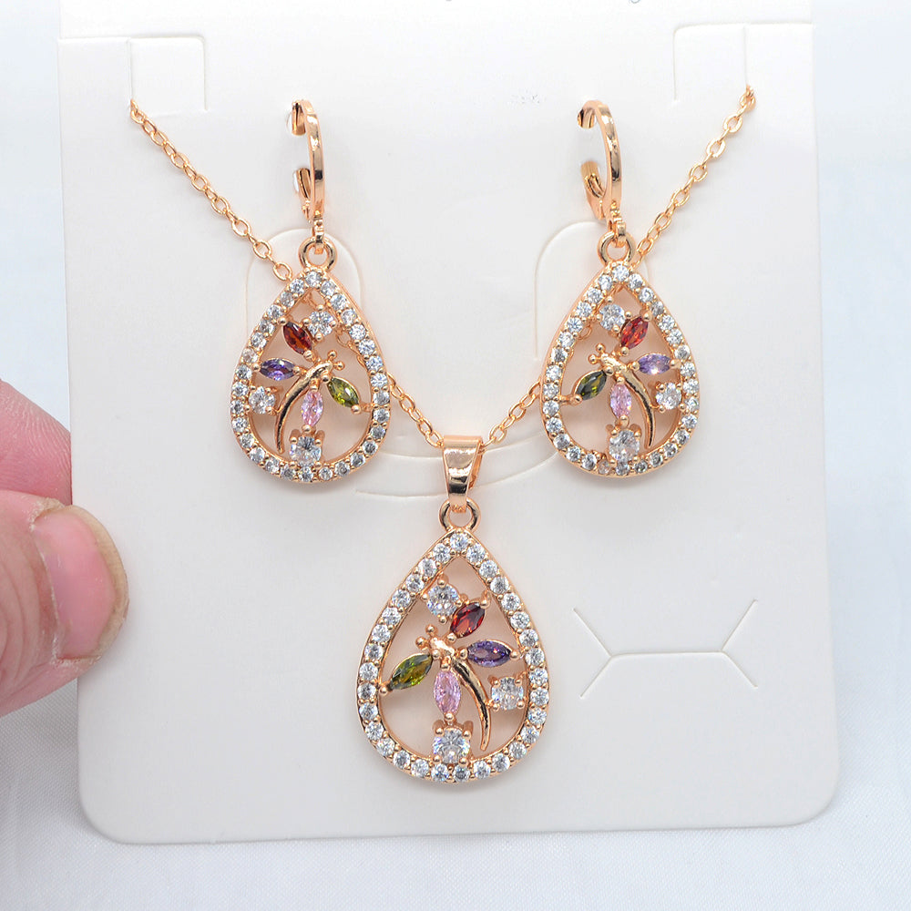 Wholesale Gold Plated Women Clear Zircon CZ Dragonfly Teardrop Jewelry Set