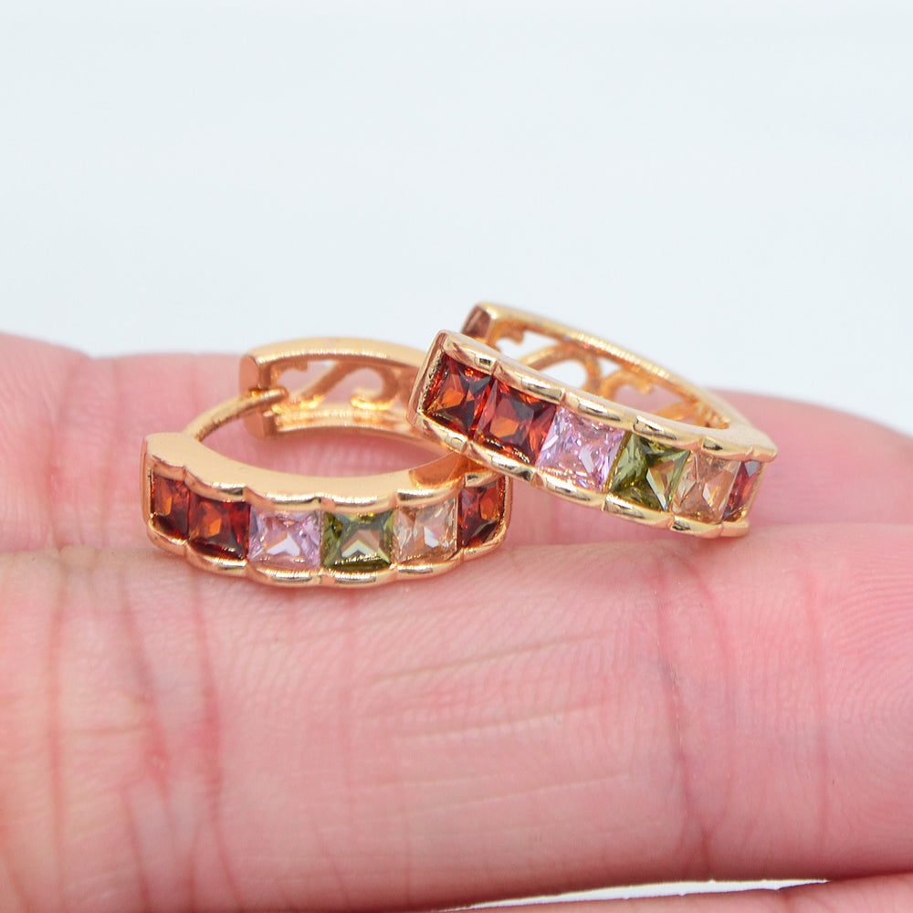 Wholesale Gold Plated Women Multicolor Square Zircon CZ Huggie Earrings Jewelry