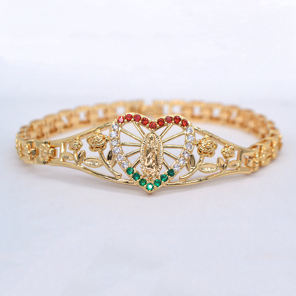 Wholesale Gold Plated Women Multicolor Zircon CZ Catholic Virgin Mary Heart Charm Bracelet Jewelry