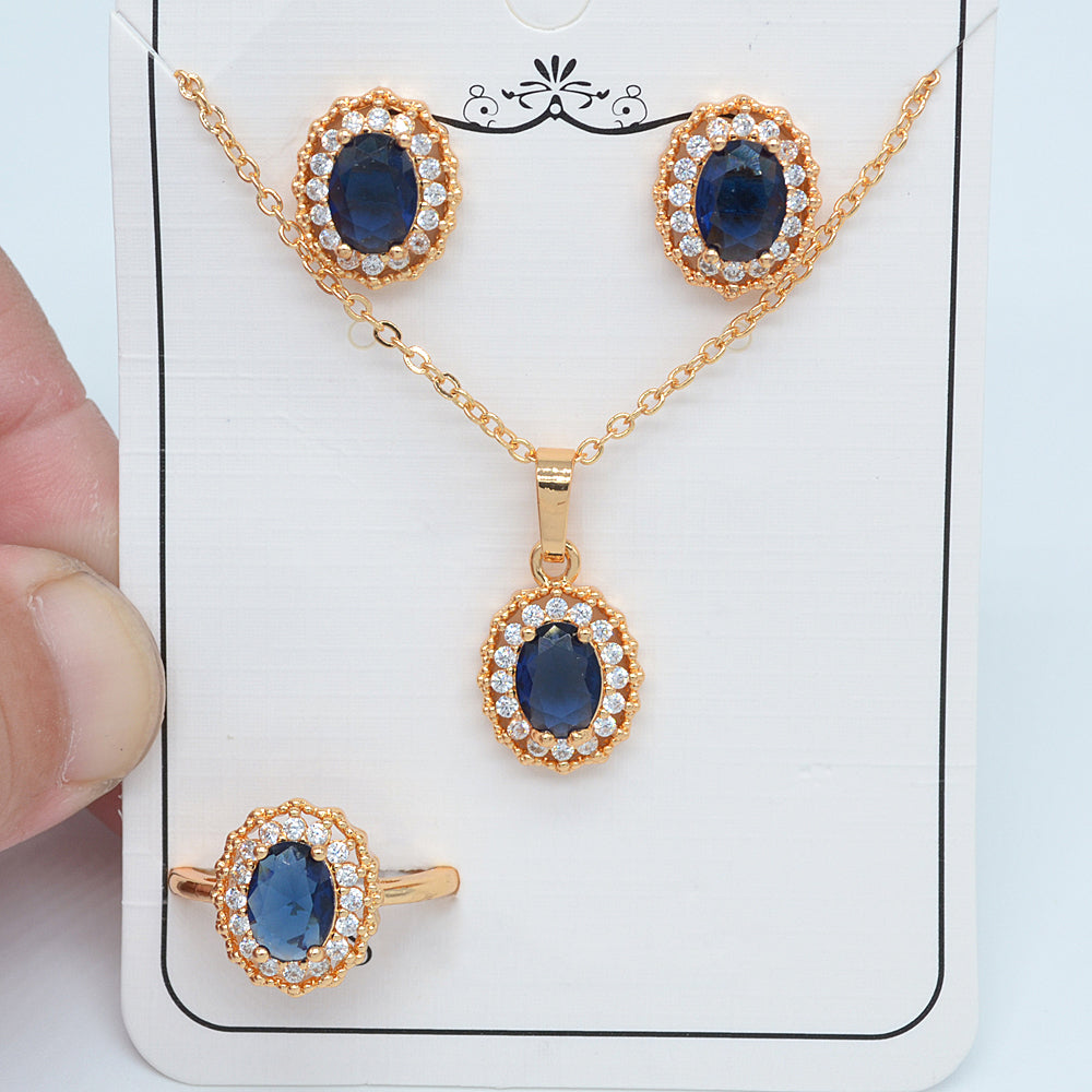 Wholesale Gold Plated Women Green Zircon CZ Halo Oval Wedding Jewelry Set Free Ring Size