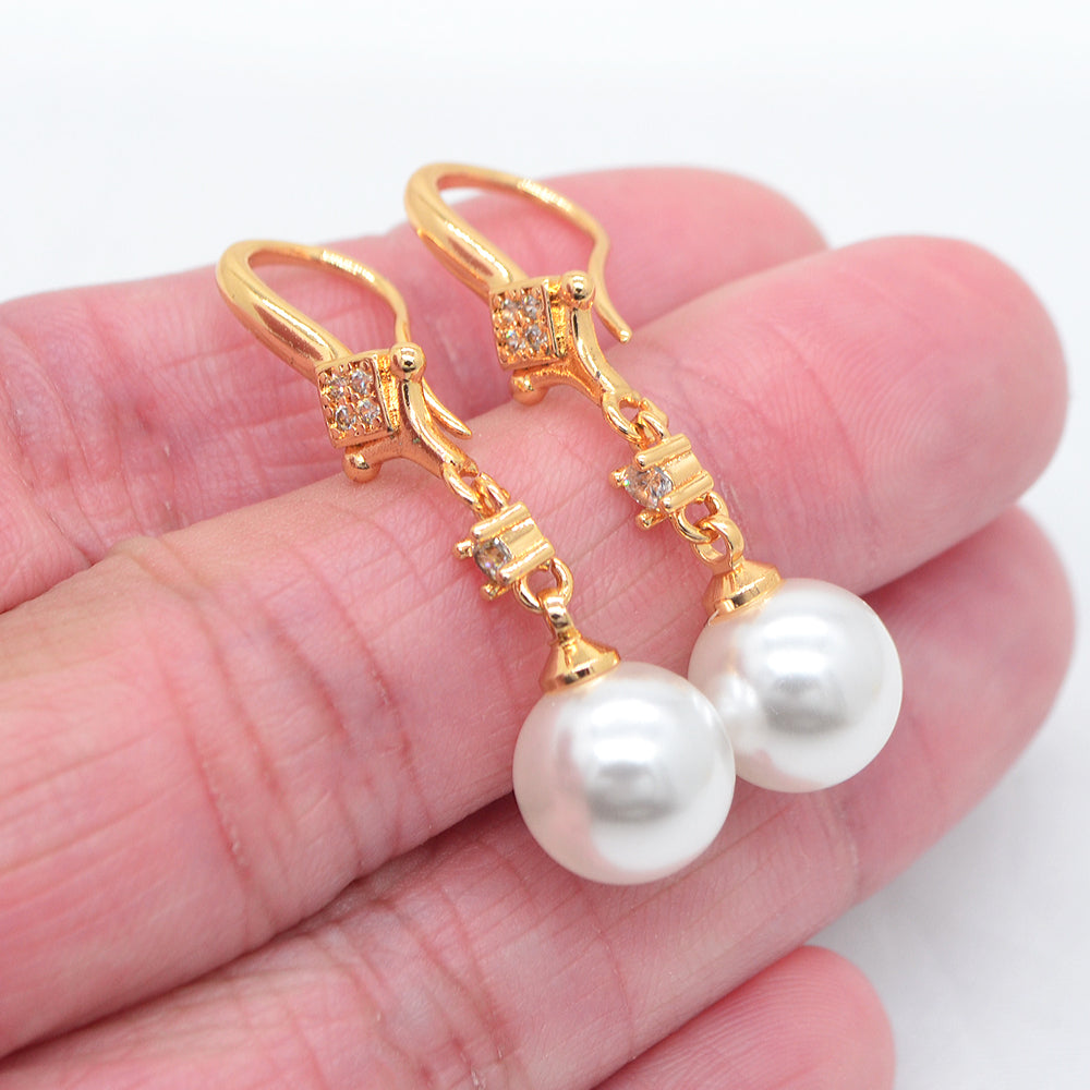 Wholesale Gold Plated Women Clear Zircon White Round Pearl Dangle Earrings Jewelry