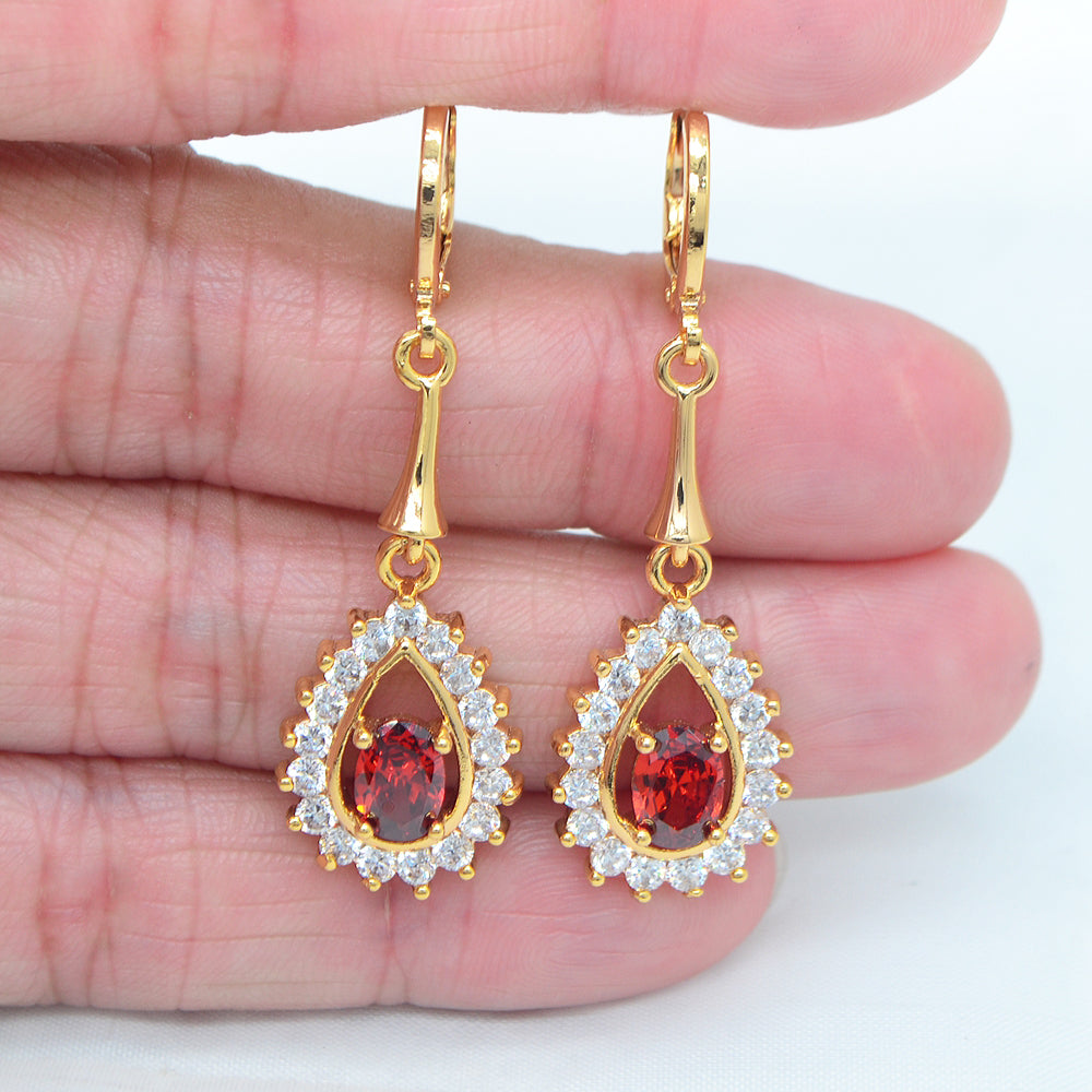 Wholesale Gold Plated Women Red Zircon CZ Teardrop Dangle Earring Jewelry