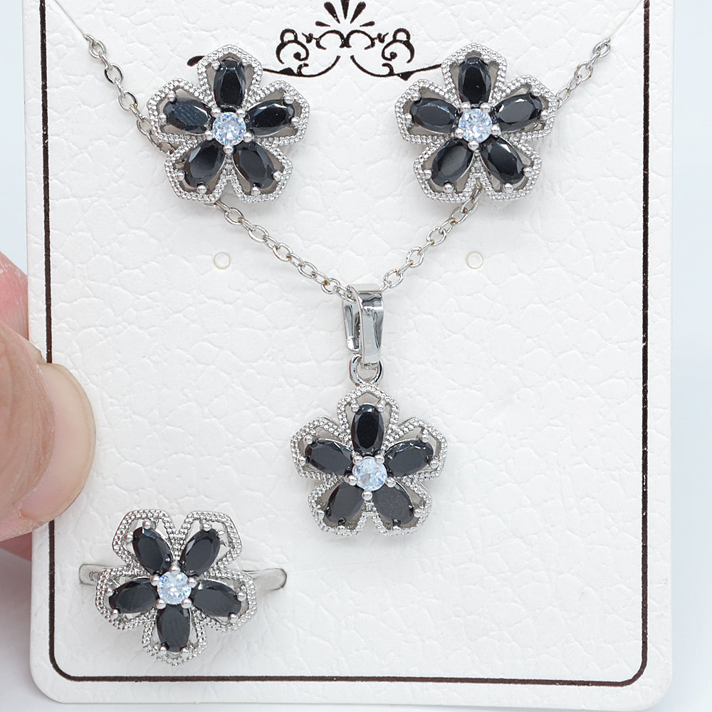 Wholesale Gold Plated Women Green Zircon CZ Flower Jewelry Set Free Ring Size