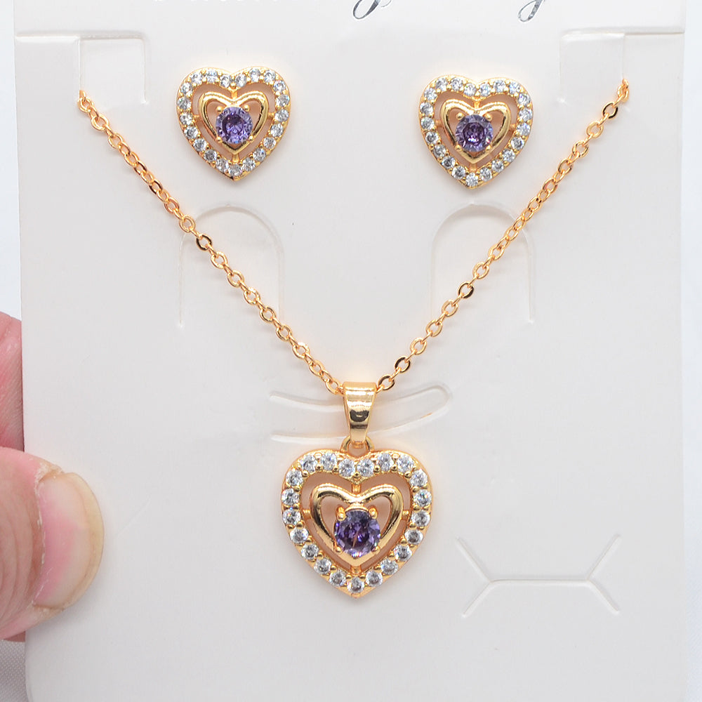 Wholesale Gold Plated Women Red Zircon CZ Love Heart Jewelry Set