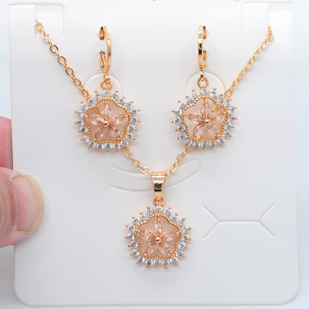 Wholesale Gold Plated Women Trendy Multicolor Zircon CZ Flower Wedding Jewelry Set