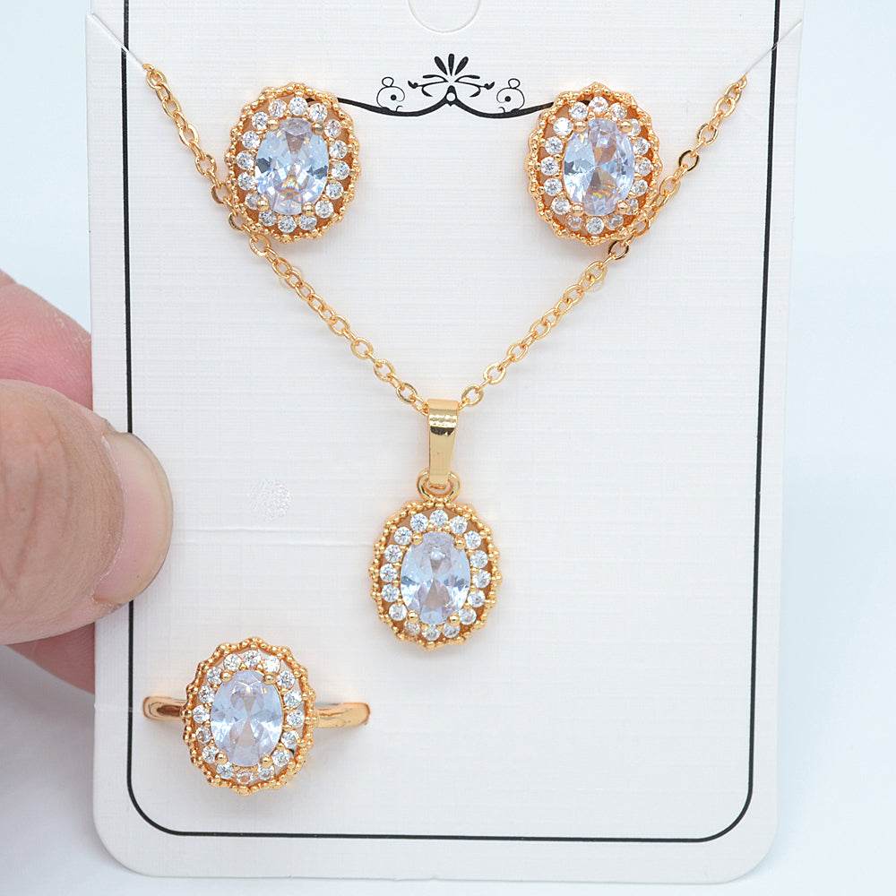 Wholesale Gold Plated Women Green Zircon CZ Halo Oval Wedding Jewelry Set Free Ring Size