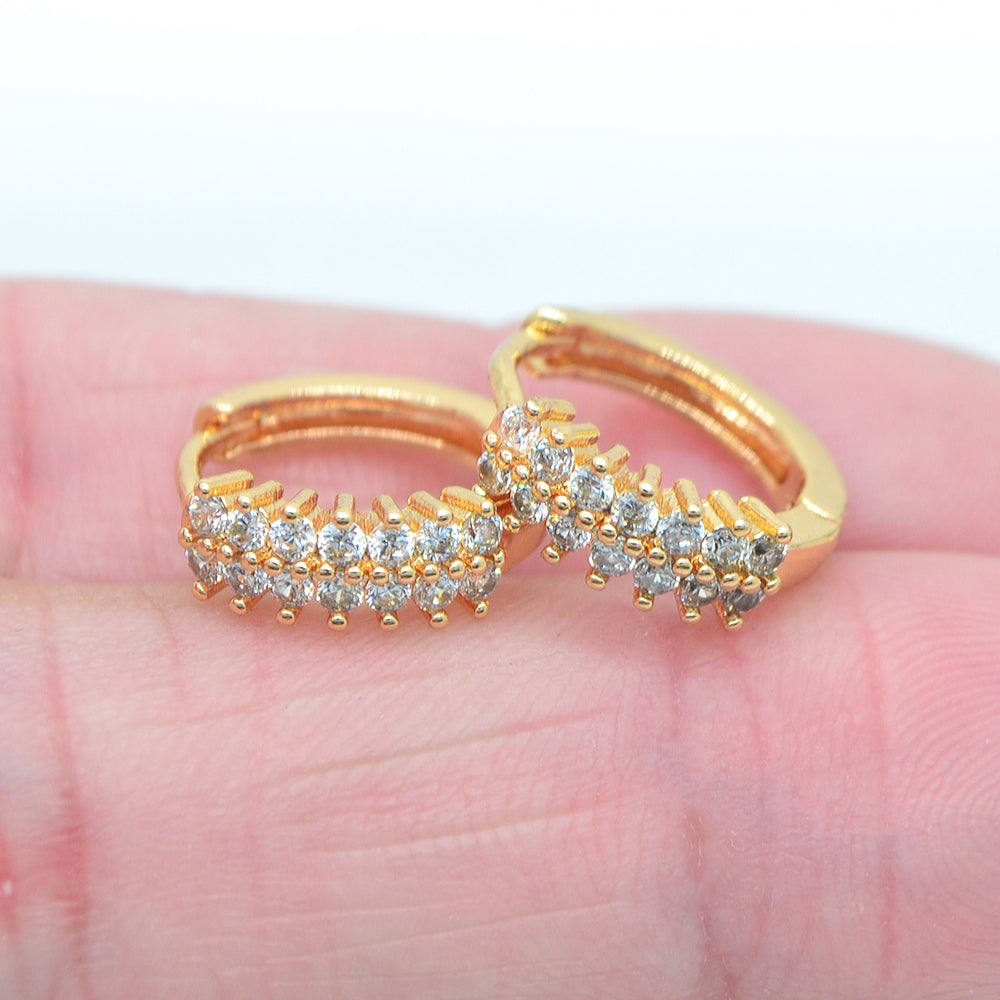 Wholesale Gold Plated Women Two Rows Clear Zircon Huggie Earrings Jewelry