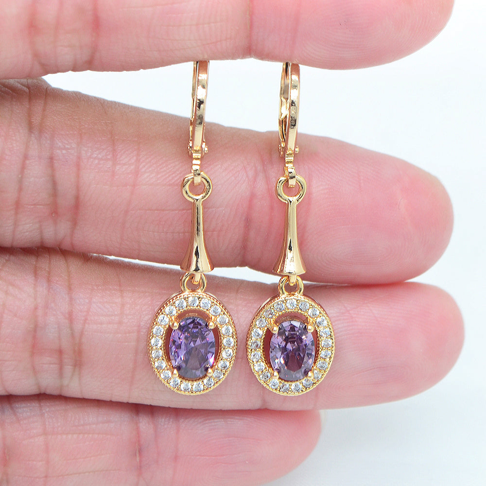 Wholesale Gold Plated Women Purple Zircon CZ Oval Dangle Earring Jewelry