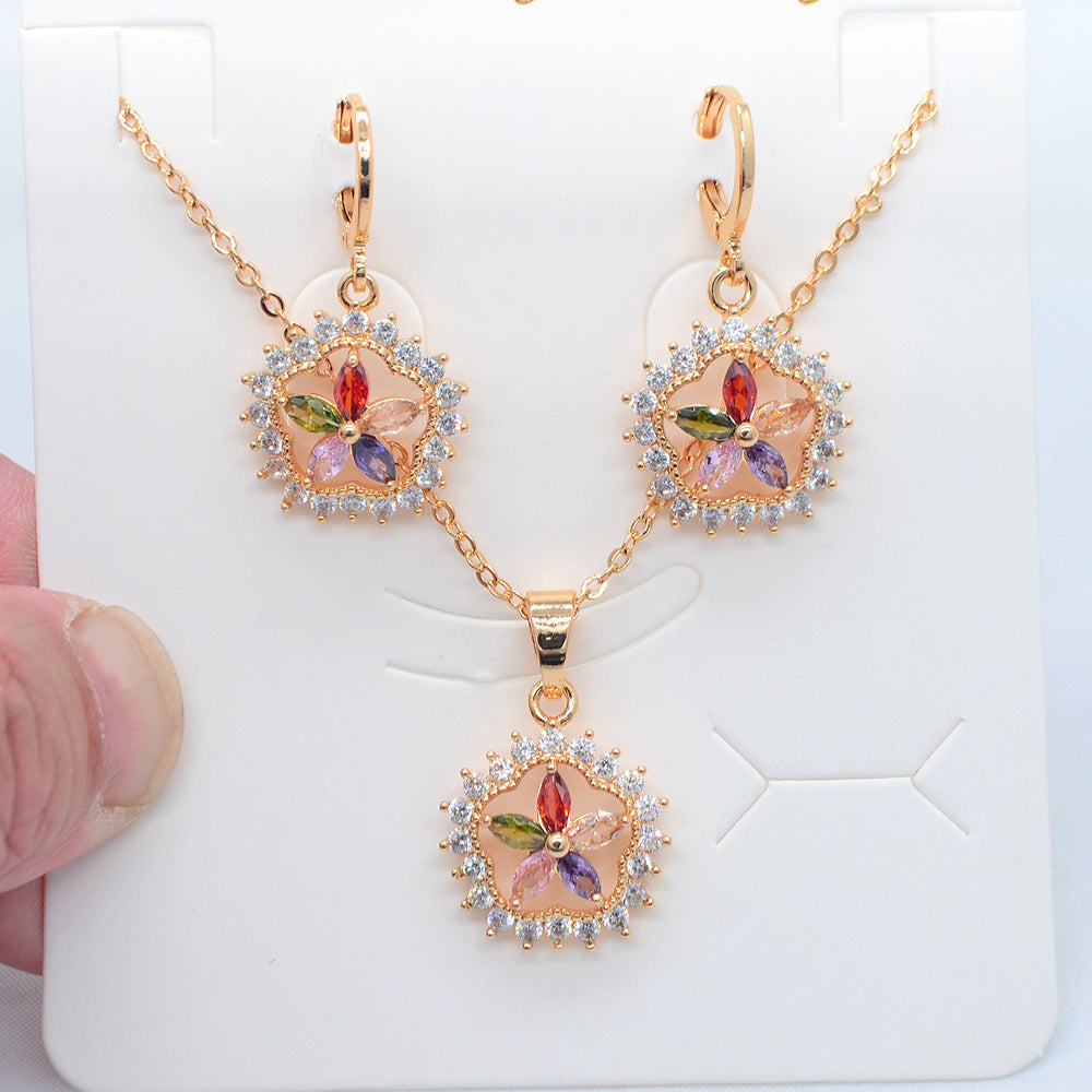 Wholesale Gold Plated Women Trendy Multicolor Zircon CZ Flower Wedding Jewelry Set