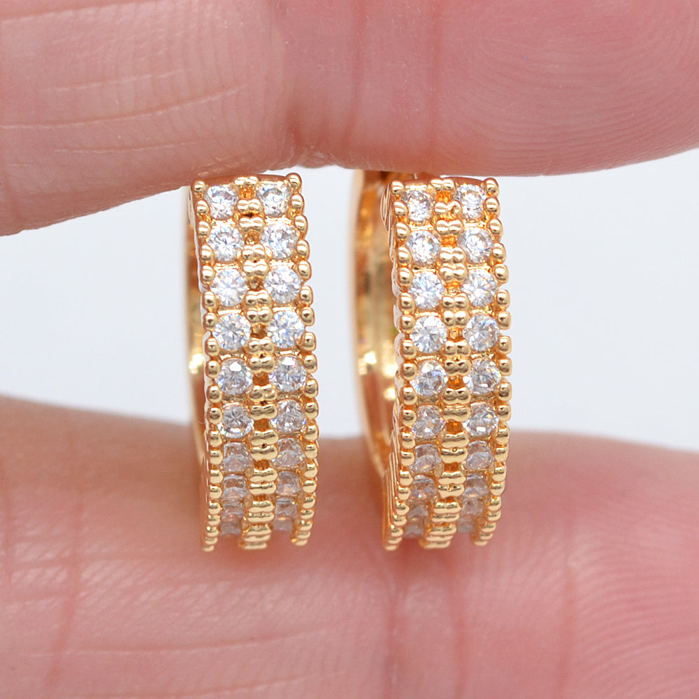 Wholesale Gold Plated Women Fashion Clear Tow Rows Zircon CZ Hoop Huggie Earrings Jewelry
