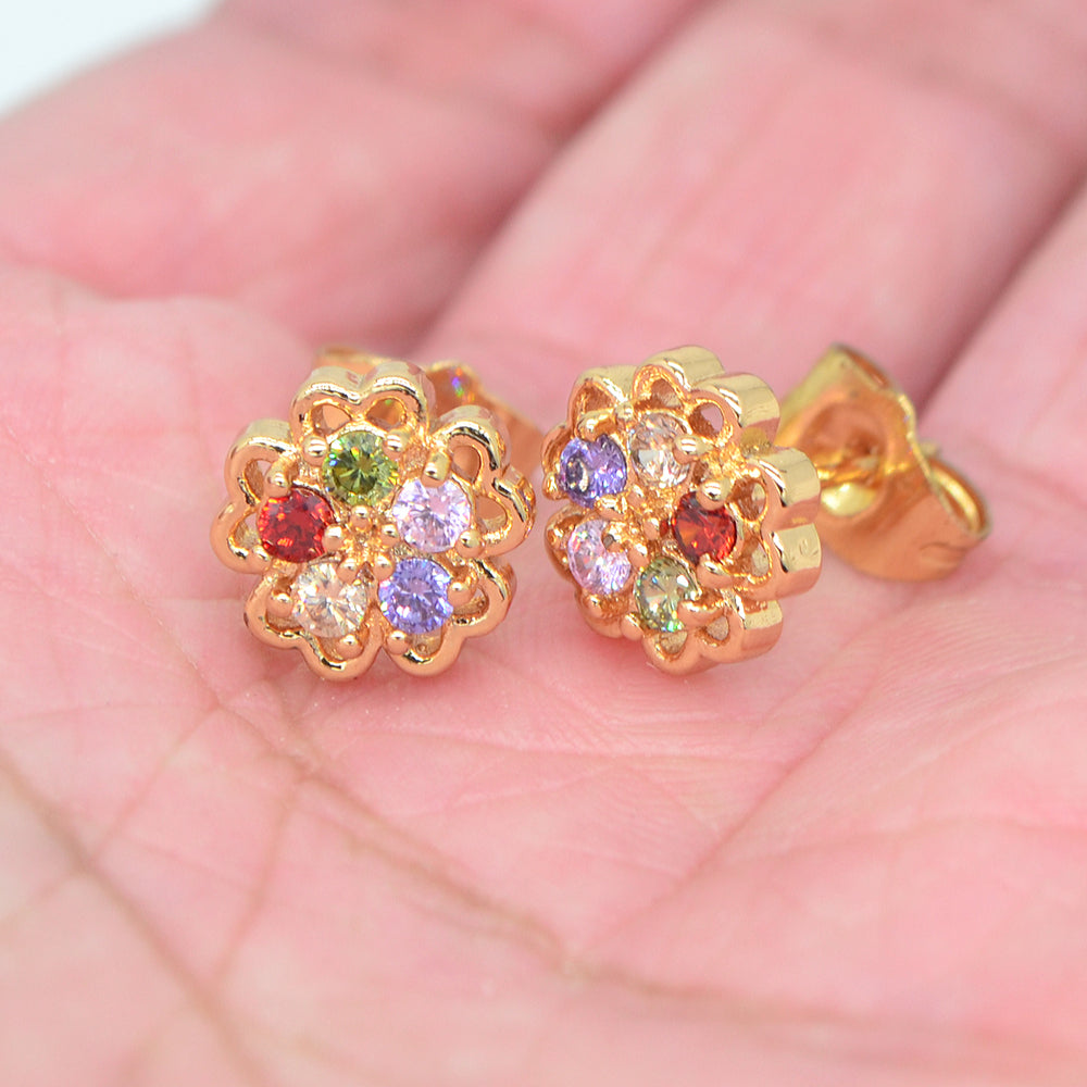 Wholesale Gold Plated Women Multicolor Zircon CZ Adorable Flower Stud Earrings Jewelry