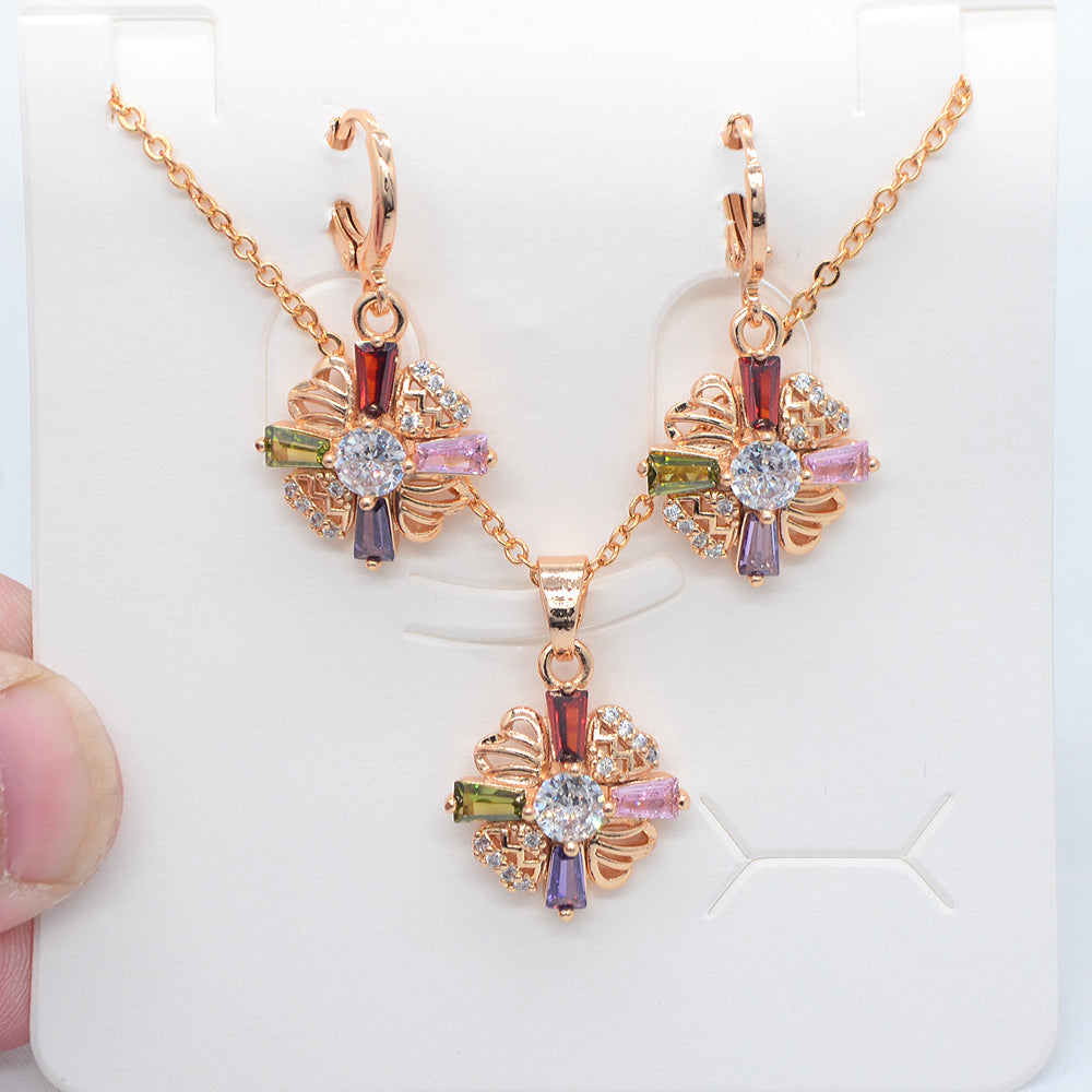 Wholesale Gold Plated Women Stylish Multicolor Zircon CZ Flower Jewelry Set