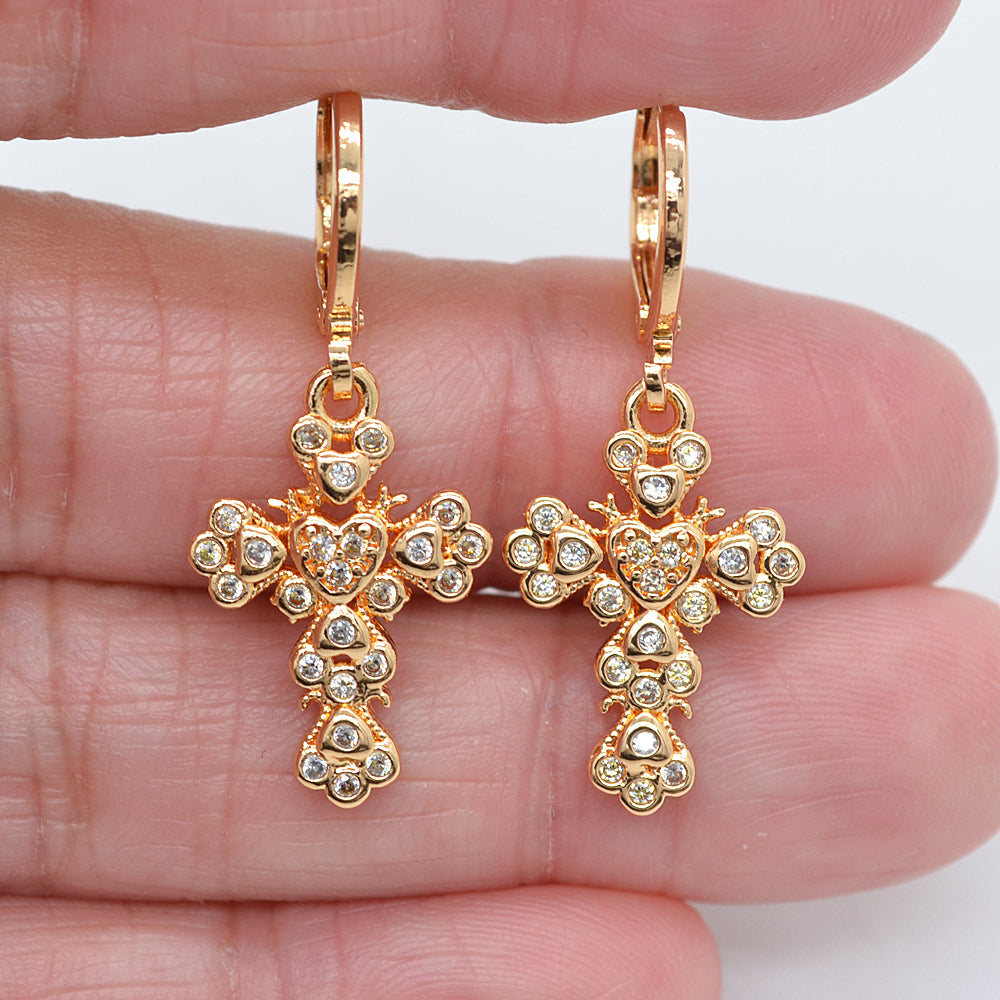Wholesale Gold Plated Women Clear Zircon CZ Flower Cross Dangle Earrings Jewelry