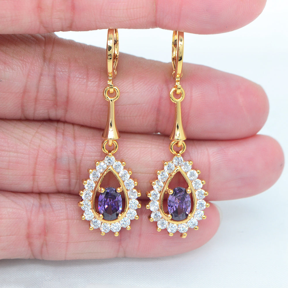 Wholesale Gold Plated Women Red Zircon CZ Teardrop Dangle Earring Jewelry